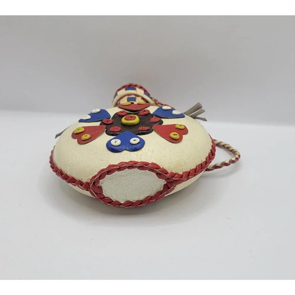 Vintage Folk Art White Red Blue Leather Handmade Covered Bottle Canteen Flask